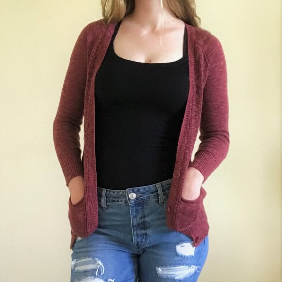 Dark Pink-Maroon Slouchy Cardigan Sweater - Picture 2 of 5